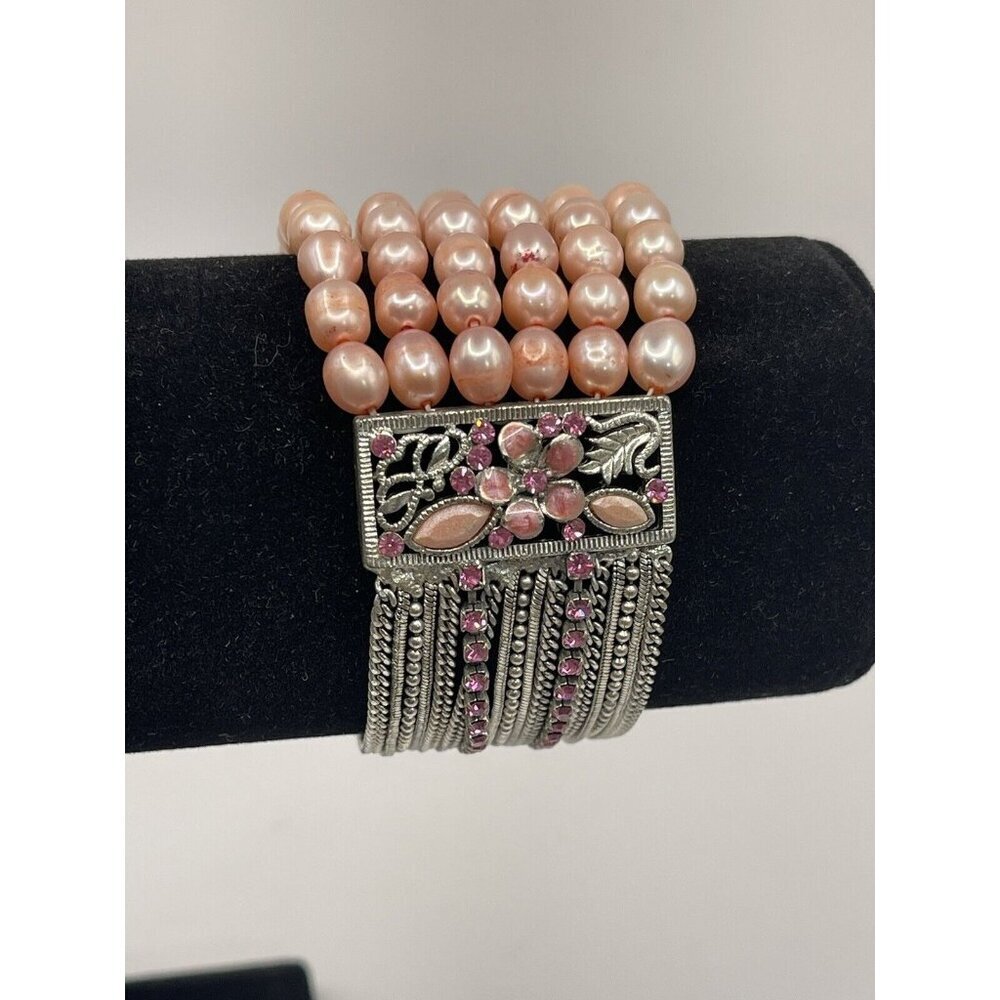 Bracelet Silver Pink Rhinestones Pearls Round Square 7.5" Stretch